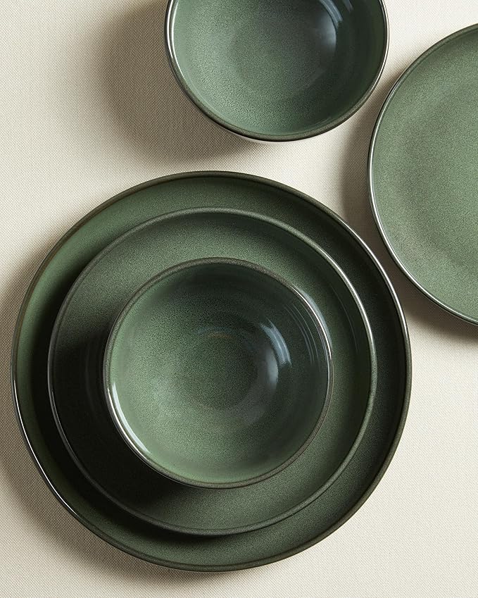 Pokini Plates and Bowls Sets for 8, 24 Piece Dinnerware Set for Large Families & Entertaining, Elegant Design, Dishwasher & Microwave Safe, Chip Resistant and Durable, Forest Green