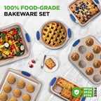 NutriChef 6-Piece Nonstick Bakeware Set - Premium Carbon Steel Baking Trays w/Heat-Safe Silicone Handles - Includes Loaf Pan, Muffin/Cupcake Pan, Round & Square Roaster Pans, Cookie Sheet - NCSBSG36