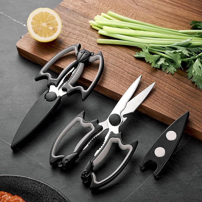 OMDAR Kitchen Scissors All Purpose 2 Pack - Halloween Goth Cute Kitchen Shears - Heavy Duty Stainless Steel Cooking Shears for Cutting Meat, Food, Poultry - Featuring a Magnetic Protective Sheath