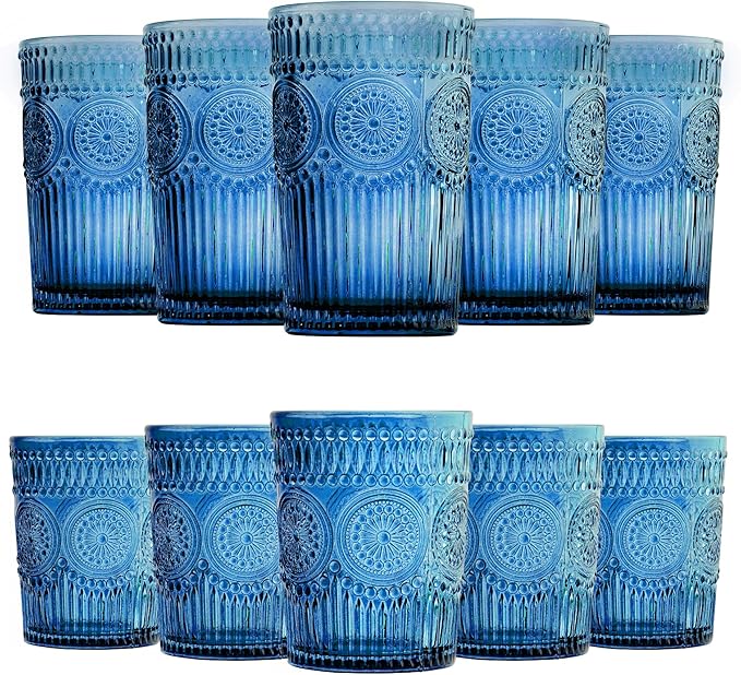 Loivttvv 12pcs Vintage Drinking Glasses Set, 12 oz Highball Glasses & 9 oz Embossed Ribbed Glassware Cups for Cocktail, Water, Juice, Coffee, Whiskey (Blue)
