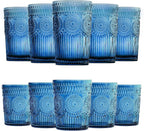 Loivttvv 12pcs Vintage Drinking Glasses Set, 12 oz Highball Glasses & 9 oz Embossed Ribbed Glassware Cups for Cocktail, Water, Juice, Coffee, Whiskey (Blue)