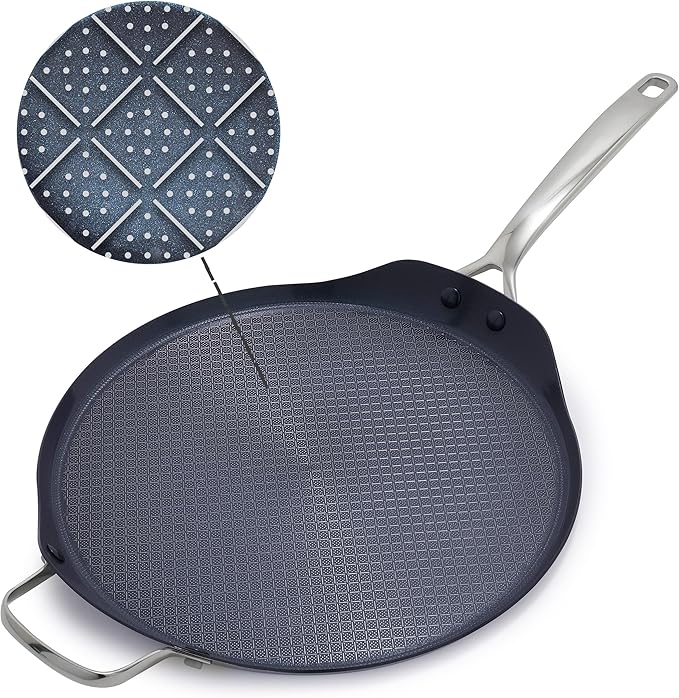 Blue Diamond Hybrid Nonstick Stainless Steel 12" Griddle Pan, XL Skillet, PFAS-Free Ceramic Diamond Bond Searing, Pancakes & Omelets, Dishwasher Safe, Stay-Cool Handle, Induction Ready, All Cooktops