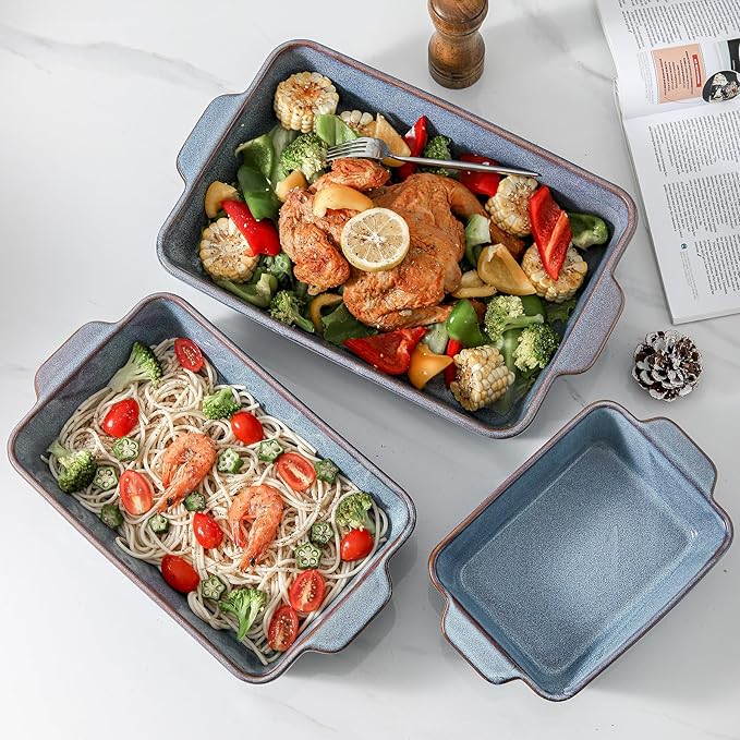 HVH 9x13 Baking Dish Set, Large Casserole Dishes for Oven, Ceramic Bakeware Set of 3, Rectangular Lasagne Pan Deep for Baking (Wabi sabi)