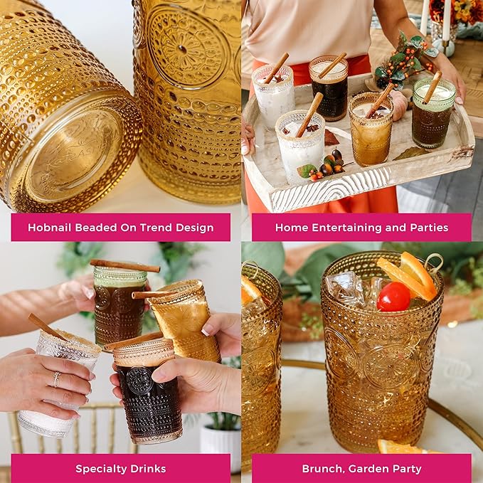 Hobnail Beaded Floral Amber Drinking Glasses Set of 6, (13 oz) Vintage Glassware Set by Kate Aspen| Cocktail Glass Set, Juice Glass, Water Cups | Great Hostess Gift & Gift for New Home Owners
