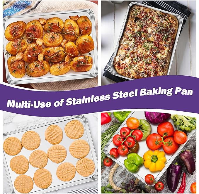 TeamFar Toaster Oven Pan Set of 2, Stainless Steel Toaster Oven Baking Tray Ovenware, 12.5’’x 9.5’’x1’’, Non Toxic & Healthy, Rust Free & Mirror Finish, Easy Clean & Dishwasher Safe