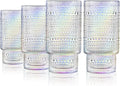 Joeyan Iridescent Drinking Glasses,Vintage Embossed Stacking Water Tumblers Romantic,Clear Hobnail Rainbow Glassware Set,Beaded Highball for Juice Beverages Coffee Tea Cocktail,10 oz,Set of 4