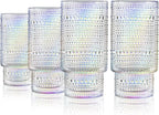 Joeyan Iridescent Drinking Glasses,Vintage Embossed Stacking Water Tumblers Romantic,Clear Hobnail Rainbow Glassware Set,Beaded Highball for Juice Beverages Coffee Tea Cocktail,10 oz,Set of 4