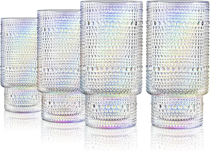 Joeyan Iridescent Drinking Glasses,Vintage Embossed Stacking Water Tumblers Romantic,Clear Hobnail Rainbow Glassware Set,Beaded Highball for Juice Beverages Coffee Tea Cocktail,10 oz,Set of 4