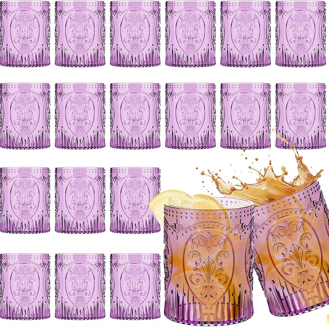 Qinyoung 24 Plastic Vintage Drinking Glasses 8.5oz Stemless Retro Embossed Wine Glasses Shatterproof Reusable Cups for Baby Shower Wedding Reception Grand Event Party (Purple)