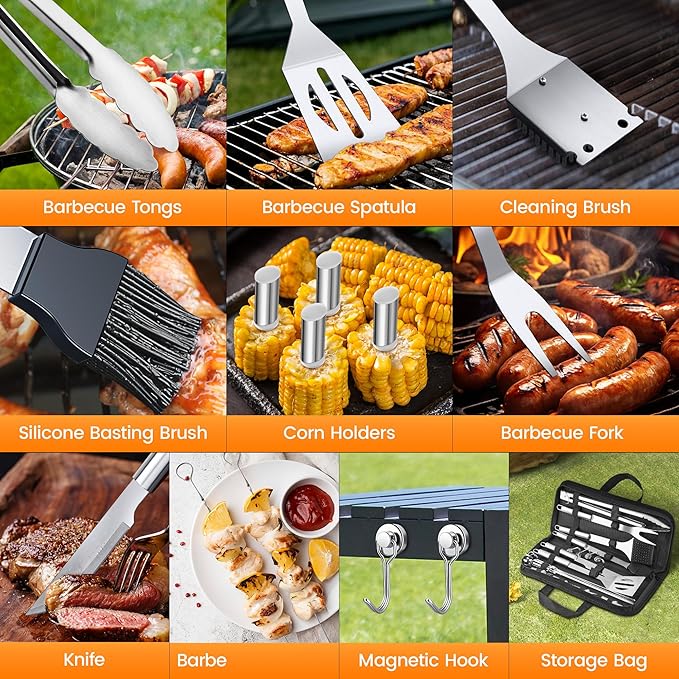 BBQ Accessories Grill Tools Set,Stainless Steel Barbecue Grill Accessories for Outdoor Grill,Barbecue Utensils Grilling Accessories Grilling Gifts for Men,Father's Day/Christmas (Sliver-22PCS)