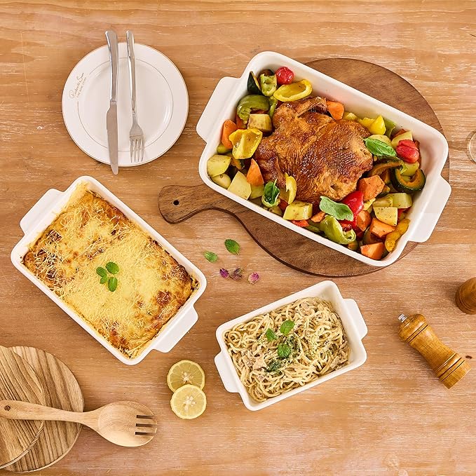 Casserole Dishes For Oven, Ceramic Baking Dishes 15.7"/12.3"/9.4", Large Lasagna Baking Dish with Handle, Ceramic Bakeware Set for Cooking Deep Baking Pan Set of 3 White