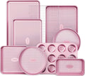 HONGBAKE 9-Piece Baking Pans Set Nonstick, Stackable Non Toxic Bakeware Sets with Diamond Texture, Oven Pan Set for Cooking, Includes Cookie Sheet with Rack, Cake Pan, Roasting Pan, Muffin Tin, Pink