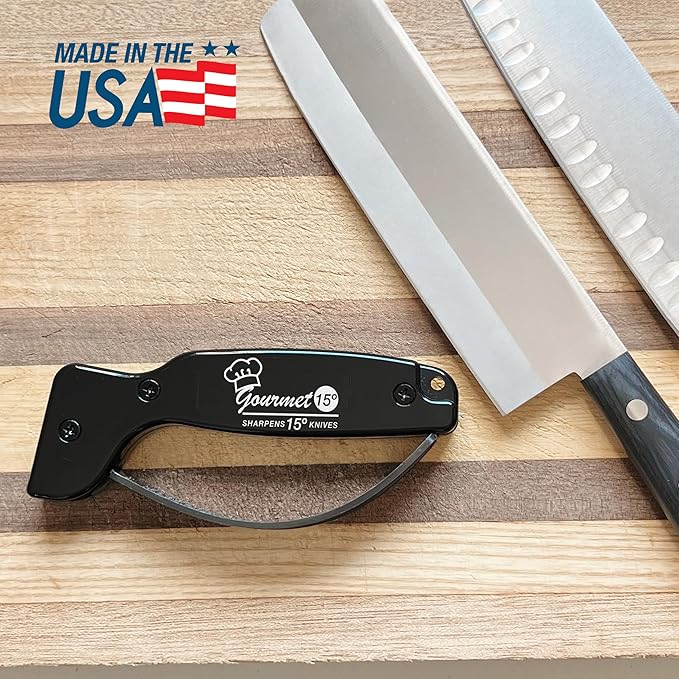 AccuSharp Gourmet Series, 15 Degree Knife Sharpener for Gourmet Knives, Diamond-Honed Tungsten Carbide Reversible Blades, Hones & Refines Straight-Edge or Serrated Gourmet Knives, Hand-Held, Black