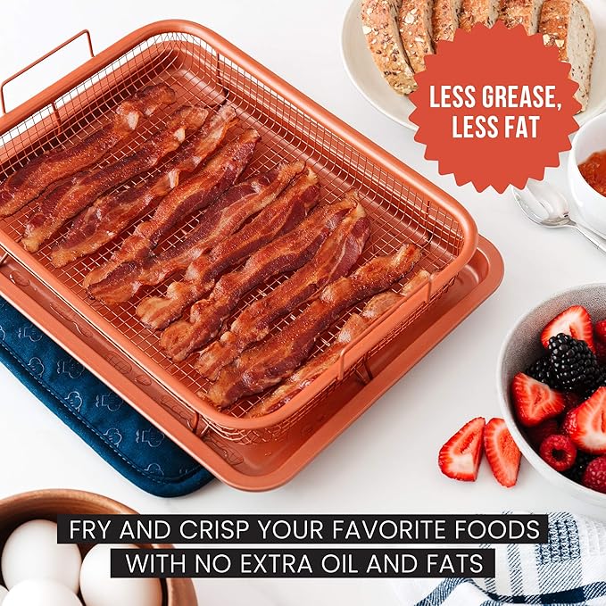 Chef Pomodoro Air Fryer Tray for Oven, Copper Crisper Tray, Air Fryer Pans for Toaster Oven, Air Fryer Basket and Tray 2-Piece Set, Air Fryer Baking Pan, Air Fryer basket for Oven (Rectangle)