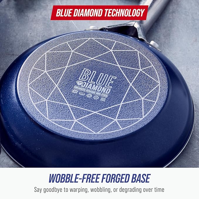 Blue Diamond 14 Piece Cookware Set, Diamond Infused PFAS & PFOA-Free Ceramic Nonstick Pots and Pans, Durable, Non Toxic, Metal Utensil Safe & Scratch Resistant, Dishwasher & Oven Safe, Blue