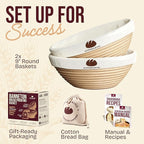 Superbaking 2 pcs Banneton Bread Proofing Basket, 9" Splinter-Free Round Rattan Bread Basket with Liners, Sourdough Starter Kit, Sourdough Bread Baking Supplies & Sourdough Kit, Bread Making Tools