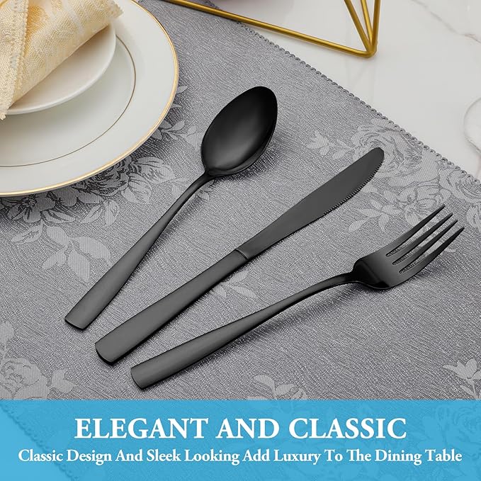 30 Pcs Black Silverware Set, Stainless Steel Flatware Set Service for 6, Mirror Polished Cutlery Utensil Set, Durable Home Kitchen Eating Tableware Set, Include Fork Knife Spoon Set, Dishwasher Safe