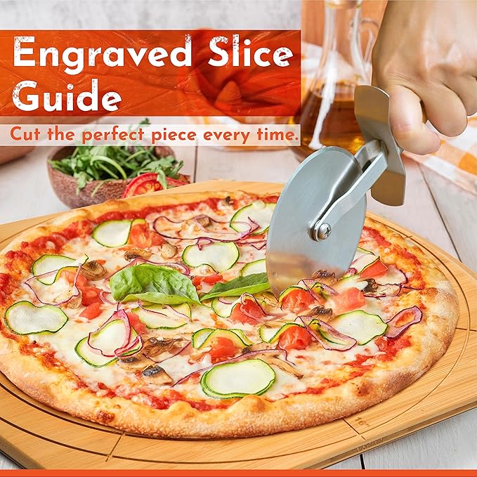 Loftern Wooden Pizza Peel 16 Inch Board with Engraved Sizes - Multi-Purpose Bamboo Pizza Cutting Board, Wood Pizza Peel, Pizza Spatula Paddle, and Serving Board with Size and Cutting Guide