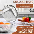 E-far 4QT Square Stainless Steel Colander - Metal Strainer with Handle for Draining Pasta & Vegetables, Micro-Perforated & Elevated Feet, Dishwasher Safe