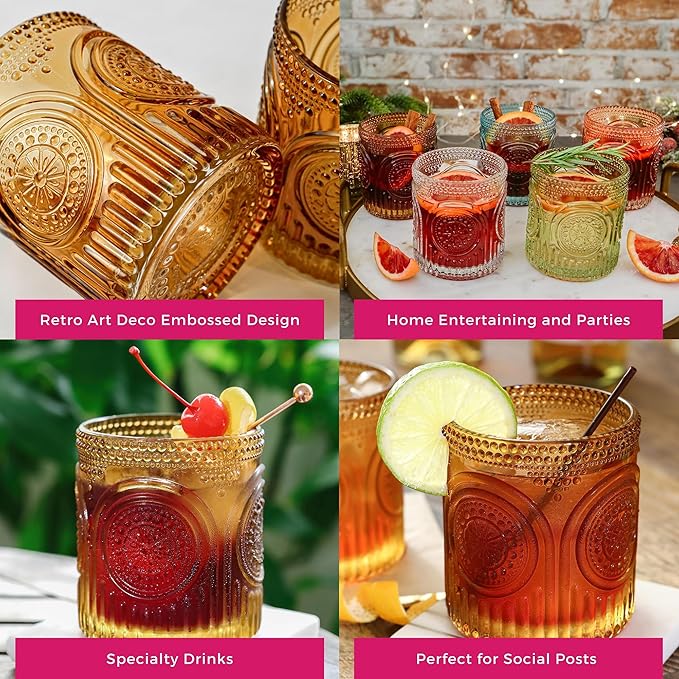 Vintage Amber Drinking Glasses Set of 6 by Kate Aspen - 10 oz Ribbed Glassware for Drinking Water, Juice, Cocktail Glasses - Ribbed Glass Cups Set, Iced Coffee Cup, Kitchen Drinkware or Home Bar