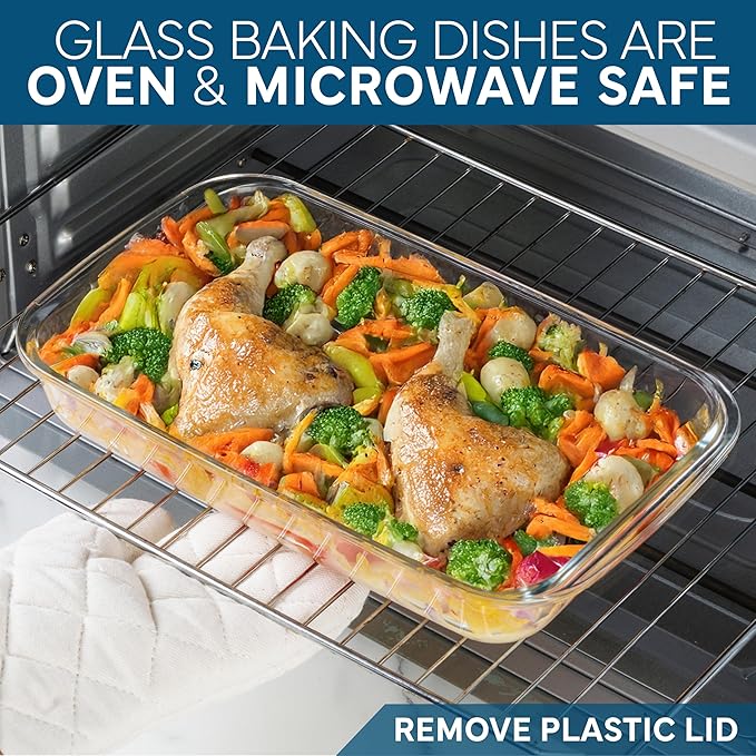 COOK WITH COLOR 8-Piece Deep Glass Baking Dish Set with Plastic Lids – Casserole and Food Storage Containers for Lasagna, Leftovers – Freezer-to-Oven, Microwave & Dishwasher Safe, Blue