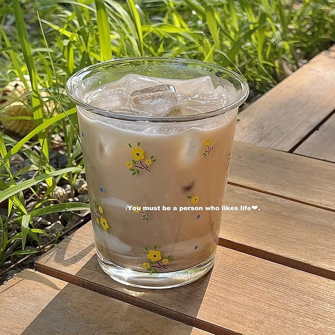 Set of 2 12 OZ Floral Drinking Glasses French Glass Coffee Cup Cute Flower Glass Cups for Iced Coffee,Tea,Juice,Latte,Milk,Dessert,Stackable Glassware Drinkware Set(white yellow)