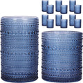 Moretoes Hobnail Drinking Glasses, 12 Piece Blue Water Glass Cups, Mixed Vintage Glassware Set, 6pcs 12oz Highballs and 6pcs 10oz old Fashioned Glasses, Great for Cocktail, Whisky and other Beverages