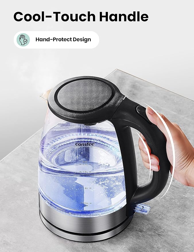 COMFEE' Glass Electric Tea Kettle & Hot Water Kettle Electric, 1.7L Electric Kettle with LED Indicator, 1500W Fast Boil, Auto Shut-Off and Boil-Dry Protection