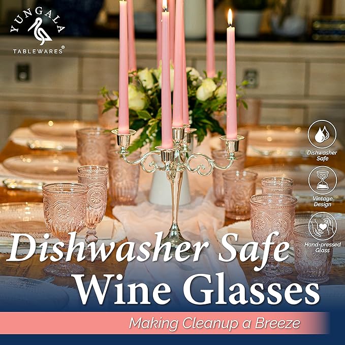 Yungala Pink Wine Glasses Set of 6 Vintage Hobnail Goblets 10 oz Transparent Glassware with Stems Dishwasher Safe