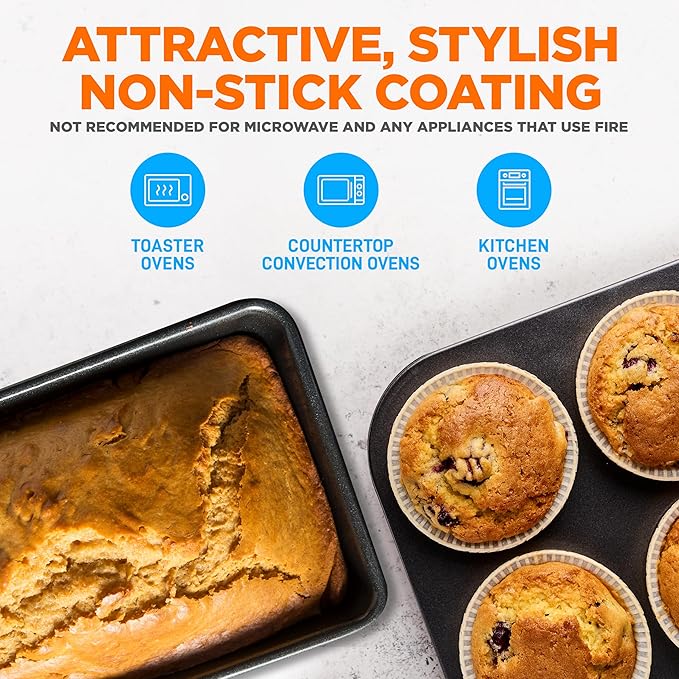 NutriChef 8-Piece Nonstick Stackable Bakeware Set - PFOA, PFOS, PTFE Free Baking Pans Set w/Non-Stick Coating, 450°F Oven Safe, Round Cake, Loaf, Muffin, Wide/Square Pans, Cookie Sheet (Gray)