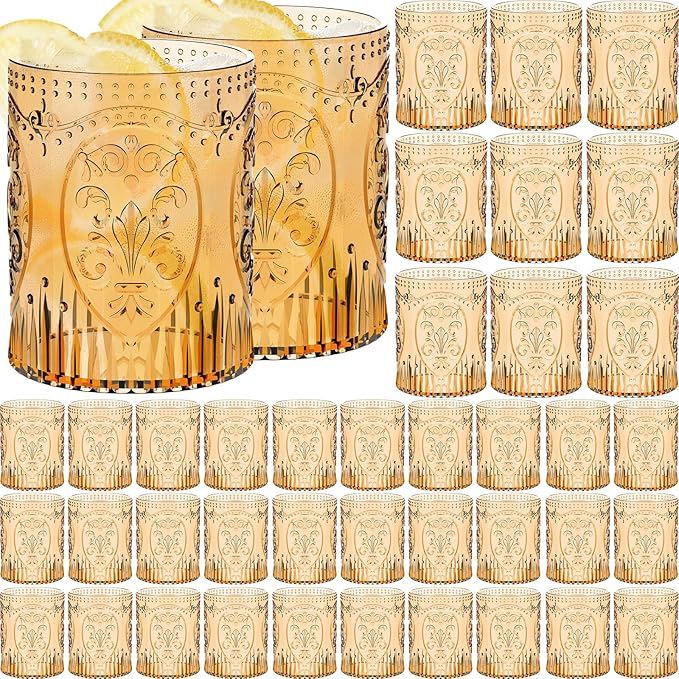 Qinyoung 48 Plastic Vintage Drinking Glasses 8.5oz Stemless Retro Embossed Wine Glasses Shatterproof Reusable Cups for Baby Shower Wedding Reception Grand Event Party (Yellow)
