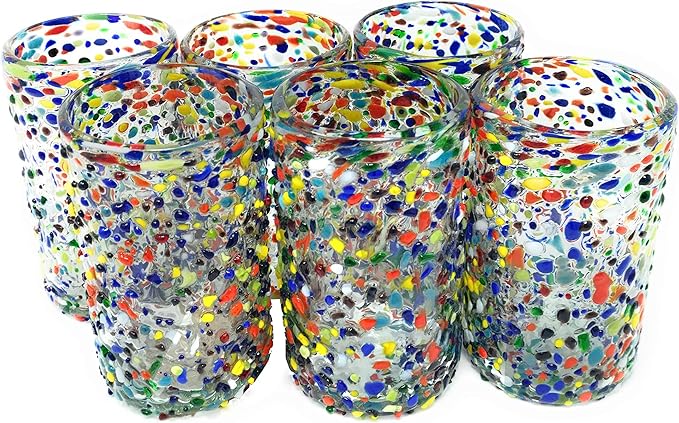 Hand Blown Mexican Drinking Glasses - Set of 6 Confetti Rock Design Glasses (14 oz each)