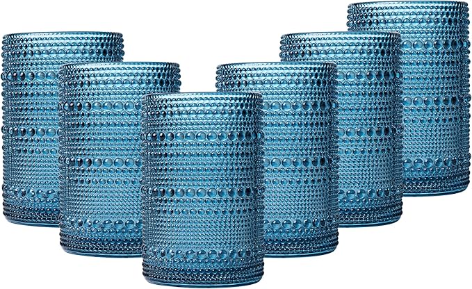 JOVGANK Blue Vintage Hobnail Drinking Glasses Set of 6, Water Tumbler 15oz, Kitchen & Bar Beaded Highball Glasses, Beverage Glass Cups for Water, Beer, Juice, Housewarming and Mother's Day Gift