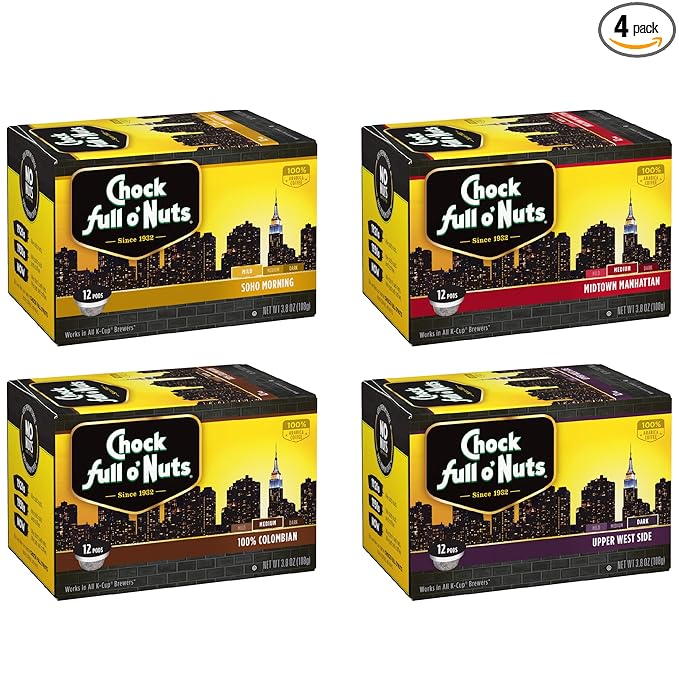 Chock Full o'Nuts Variety Pack, K-Cup Compatible Pods (48 Count) - Arabica Coffee in Eco-Friendly Keurig-Compatible Single Serve Cups