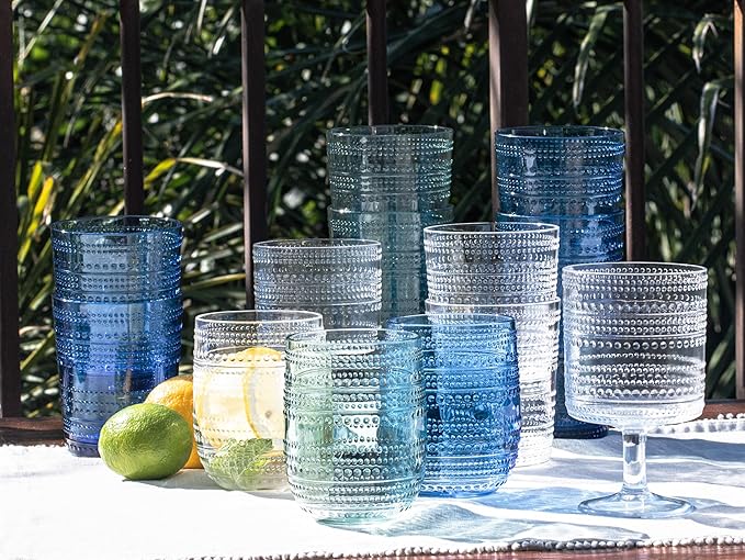 Beaded 15.6 oz Durable Acrylic Double Old Fashioned Drinking Glasses, Shatter-Resistant and Dishwasher-Safe Indoor/Outdoor - Sea Green - Set of 6