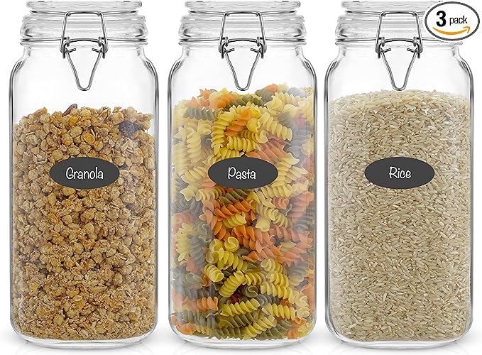 JoyJolt Airtight Glass Jars with Lids Set of 3. 78oz Glass Jar with Lid and 6 Silicone Seals! Large Glass Food Storage Containers. Square Mason Jar, Candy Jar, Flour Jar, Pasta Containers for Pantry