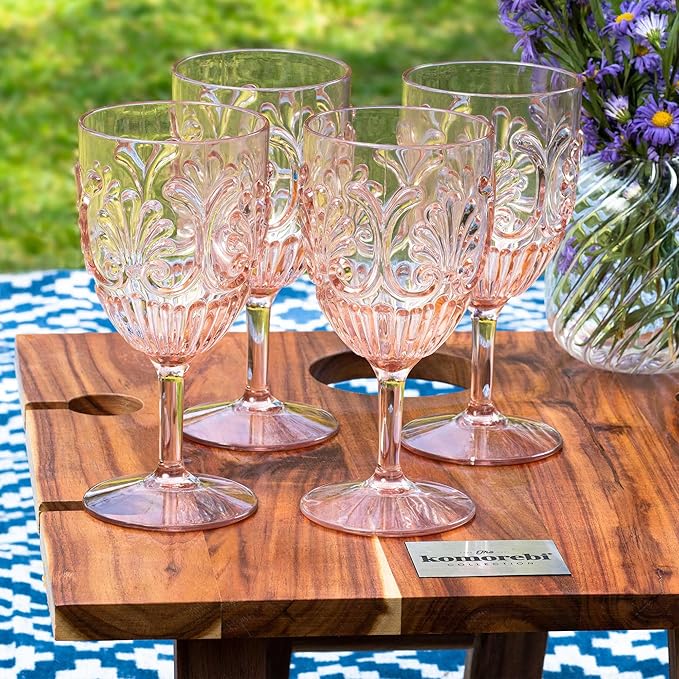 Komorebi Shatterproof Acrylic Wine Glasses - Unbreakable Plastic Goblets, BPA-Free & Drop-Proof Glassware - Elegant Drinkware for Indoor & Outdoor Use - 14oz, Set of 4 (Pale Pink)