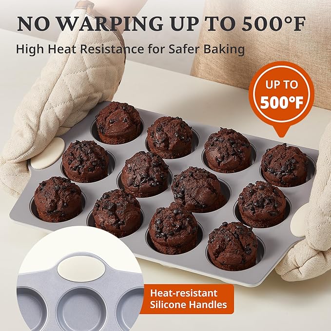BRONYPRO 12-Cup Non Toxic Nonstick Ceramic Muffin Pan & Cupcake Tin, PFOA & PFOA Free, Heavy Duty Rust-Resistant Aluminized Steel, Oven Safe, Cream White