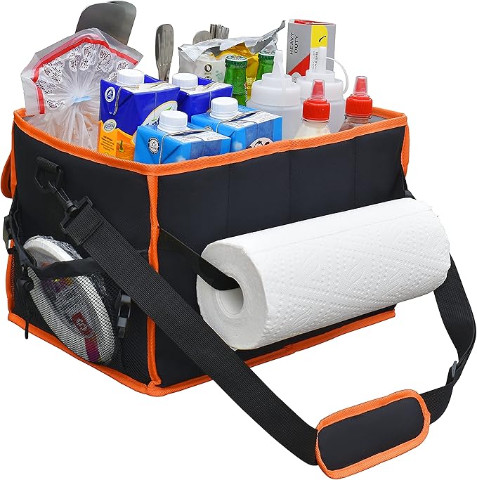 Large Grill Caddy with Paper Towel Holder - BBQ Caddy Organizer for Utensil, Condiment - Easy Carry Picnic Caddy - Griddle Caddy for Camping, Travel, RV - 600D Waterproof Oxford Fabric