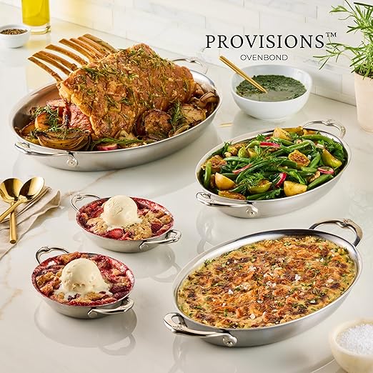 Hestan Provisions Oval Au Gratin Baking Dish, 2 Quart Clad Stainless Steel, 12.5 x 9 Inch - Oven Safe 600F, Kitchen to Table Serving, Designed with Thomas Keller