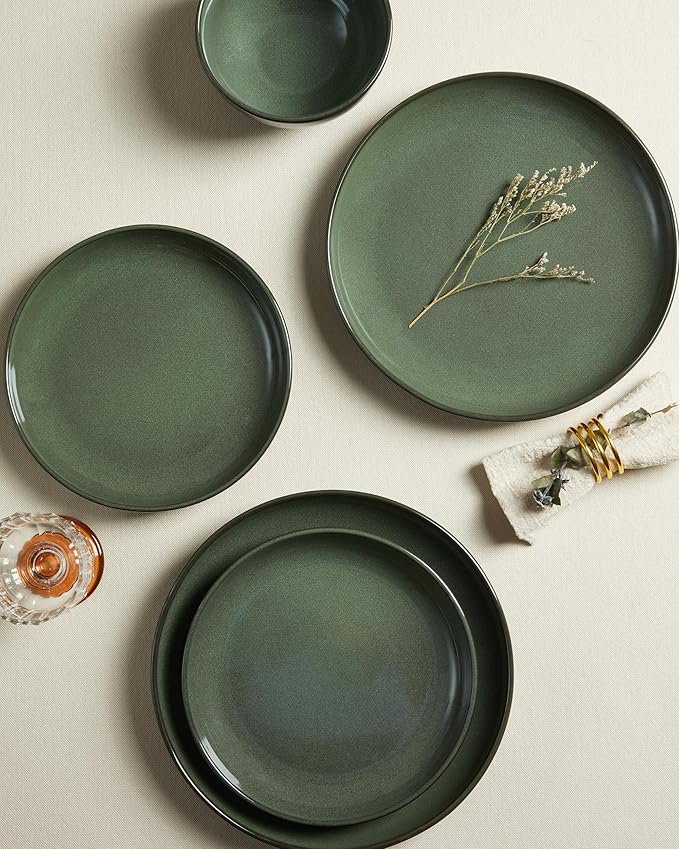 Pokini Plates and Bowls Sets for 8, 24 Piece Dinnerware Set for Large Families & Entertaining, Elegant Design, Dishwasher & Microwave Safe, Chip Resistant and Durable, Forest Green