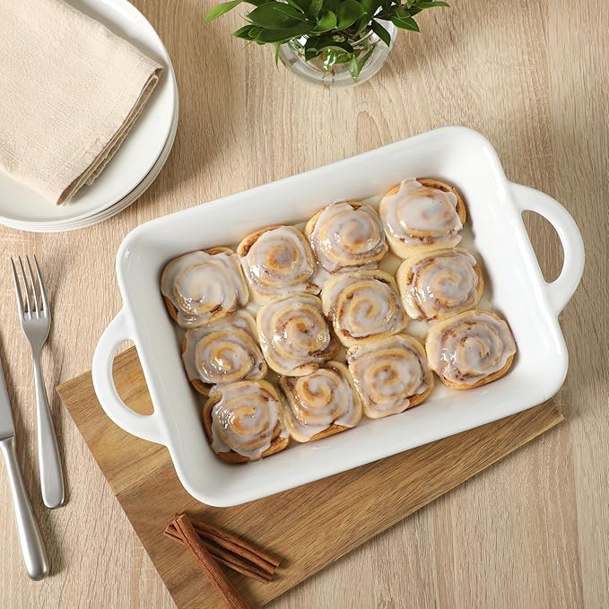 Gibson Home Gracious Dining 2.5-Quart White Stoneware Baking Dish with Handles – 14.6 x 8.5-Inch Rectangular Oven Safe Casserole & Roasting Baker