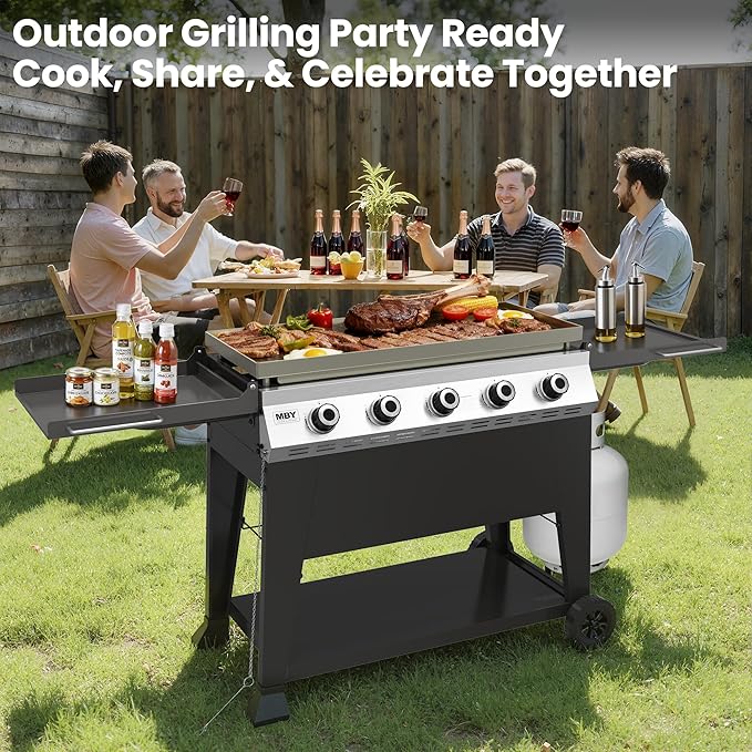 5-Burner Propane Gas Griddle, 50,000 BTU Outdoor Flat Top Propane Grill with 540 Sq In Cooking Area, Rolling Wheels & Folding Side Shelves for Camping, Tailgating & Backyard BBQ, Black