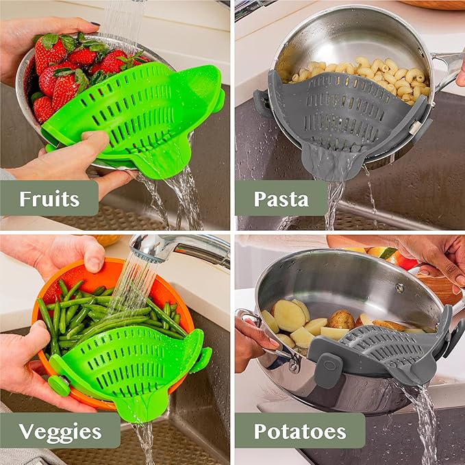 2 Pack Kitchen Gizmo Snap-On Strainer - Silicone Clip-On Strainer for Pots and Pans - Collapsible Design - Heat Resistant Colander for Vegetables and Noodles - Ideal for Rice, Grains - Green/Grey