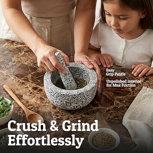 PriorityChef Heavy Duty Natural Granite Mortar and Pestle Set, 4 Cup Carved from Natural Granite, Make Fresh Guacamole, Stone Grinder Bowl, Herb Crusher, Spice Grinder, White