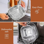 E-far 4QT Square Stainless Steel Colander - Metal Strainer with Handle for Draining Pasta & Vegetables, Micro-Perforated & Elevated Feet, Dishwasher Safe