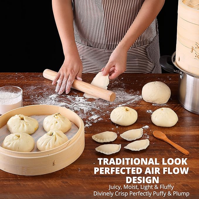 KITCHENCRUST Bamboo Steamer Basket for Chinese Asian Cuisine - 2 Tier 10-Inch Steaming Basket Bun Vegetable Bao Buns, Sauce Dish, Chopsticks, Reusable Liners
