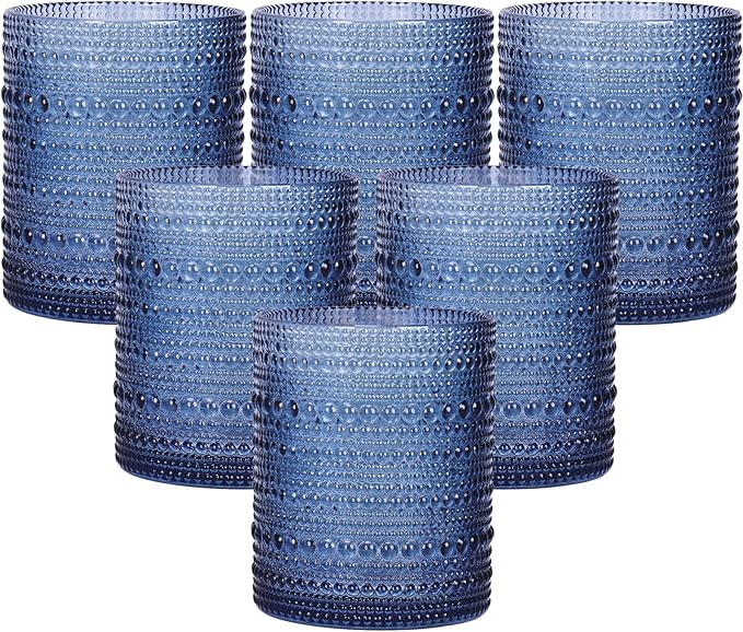 Moretoes Cocktail Glasses 10 oz Hobnail Drinking Glasses Set of 6, Vintage Glassware, Textured Glass Cups Bubble Glasses Water Glasses Old Fashion Jupiter Glasses Set(Blue)