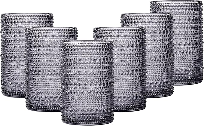 JOVGANK Grey Vintage Hobnail Drinking Glasses Set of 6, Embossed Water Tumbler 15oz, Kitchen & Bar Beaded Highball Glasses, Beverage Glass Cups for Water, Beer, Juice, Housewarming, Mother's Day Gift