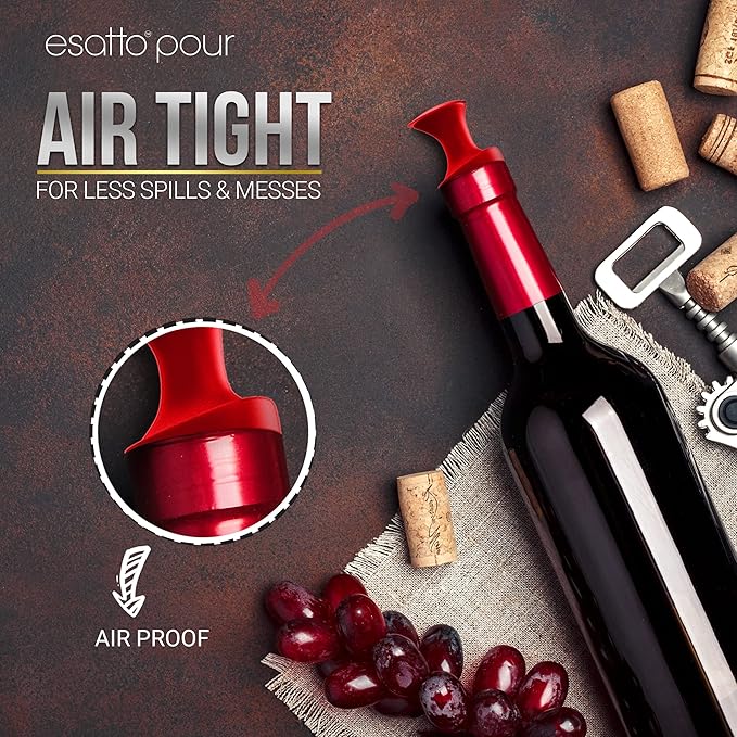 Esatto Pour and Seal, Plastic Bottle Pourers With Built In Lid – Easy and Precise Pouring, Lid for Storing and Healthy Practices, Professional Bar Tool, Pack of 12 Pieces Wine Stopper Pourer (Red)